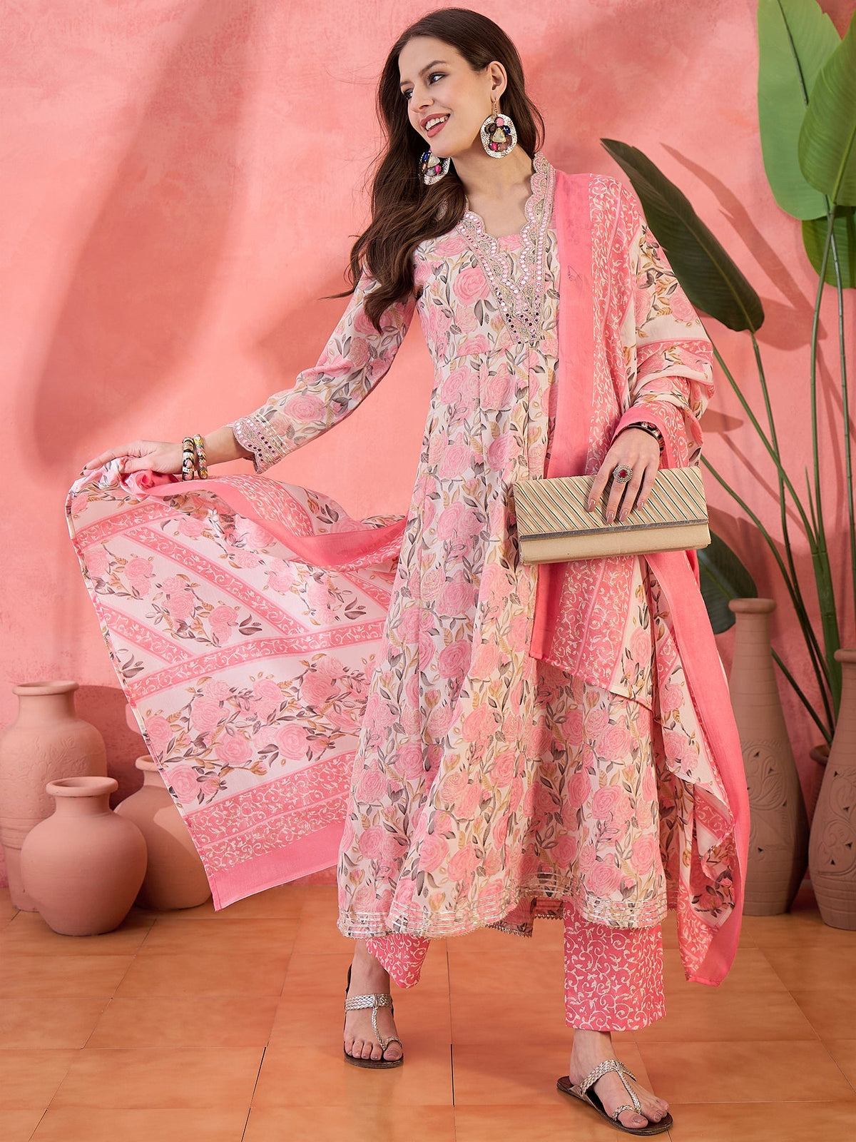 Embroidered Kurta & Trousers With Dupatta Kurta Set