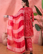 Carmine Red Floral Cotton Anarkali Kurta with Sharara & Dupatta