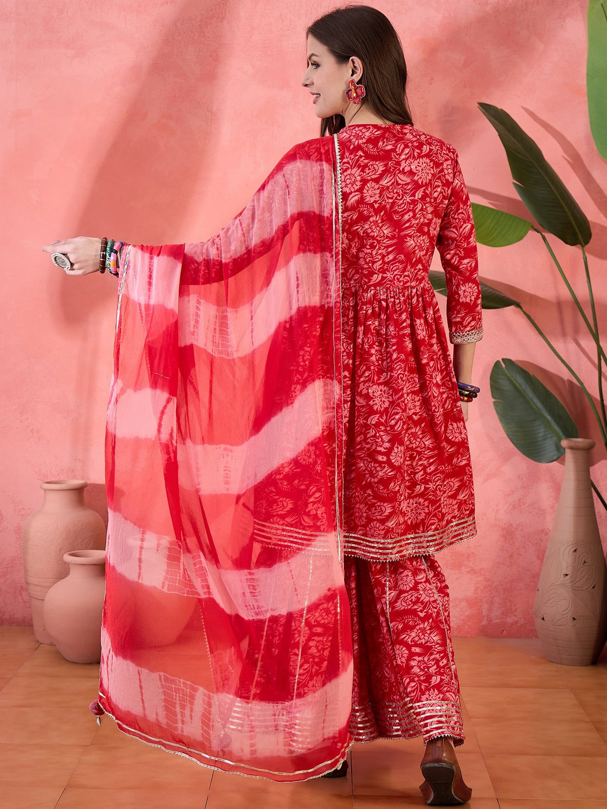 Carmine Red Floral Cotton Anarkali Kurta with Sharara & Dupatta