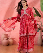 Carmine Red Floral Cotton Anarkali Kurta with Sharara & Dupatta