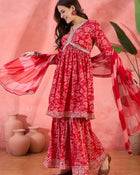 Carmine Red Floral Cotton Anarkali Kurta with Sharara & Dupatta