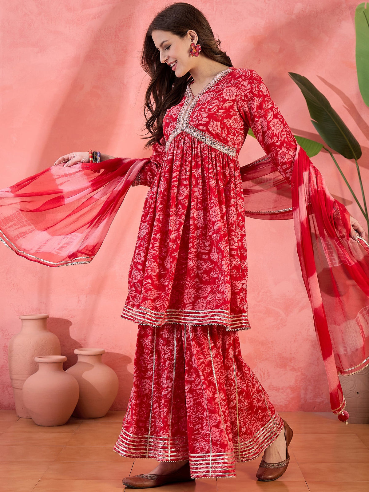 Carmine Red Floral Cotton Anarkali Kurta with Sharara & Dupatta