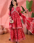 Carmine Red Floral Cotton Anarkali Kurta with Sharara & Dupatta