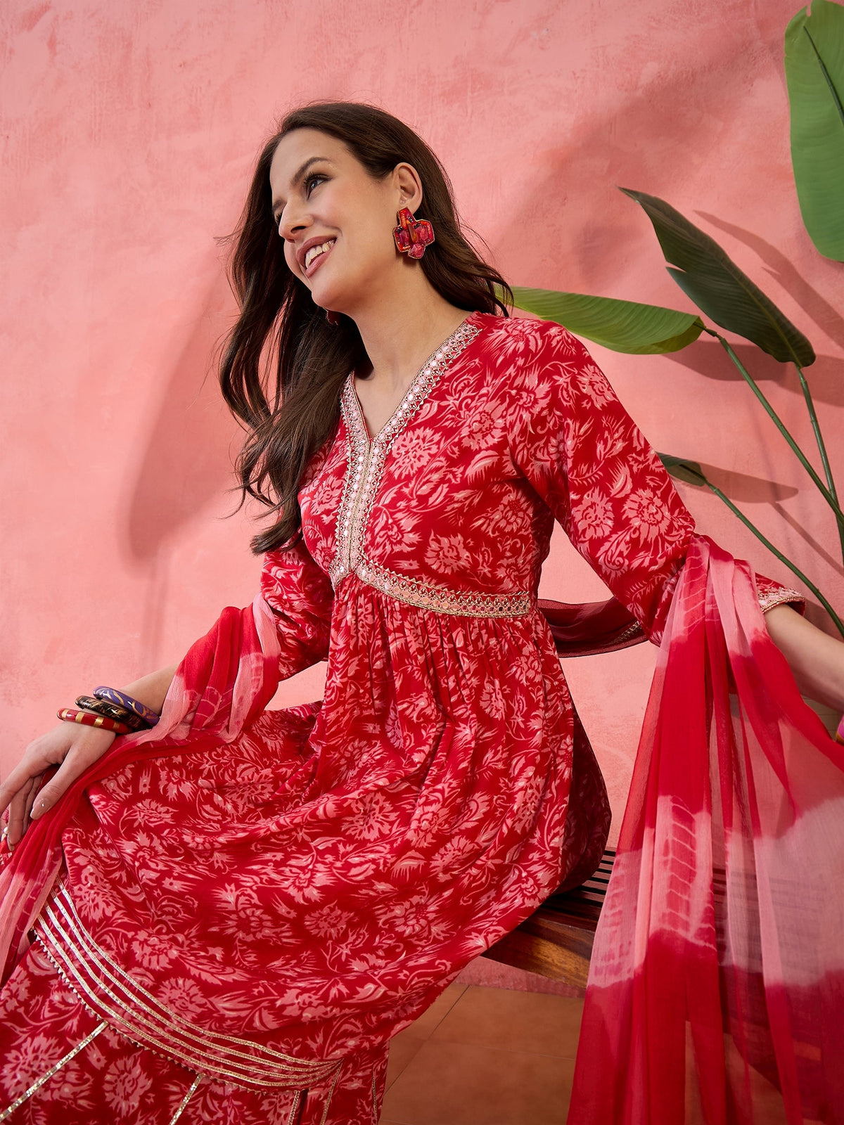 Carmine Red Floral Cotton Anarkali Kurta with Sharara & Dupatta