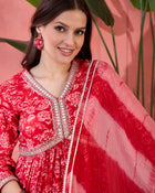 Carmine Red Floral Cotton Anarkali Kurta with Sharara & Dupatta