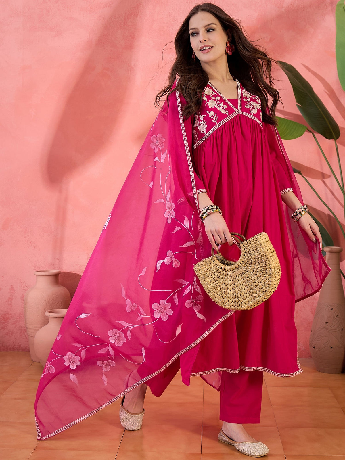 Rosevale Grace Floral Yoke Design Cotton Kurta with Trouser & Dupatta
