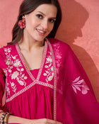 Rosevale Grace Floral Yoke Design Cotton Kurta with Trouser & Dupatta