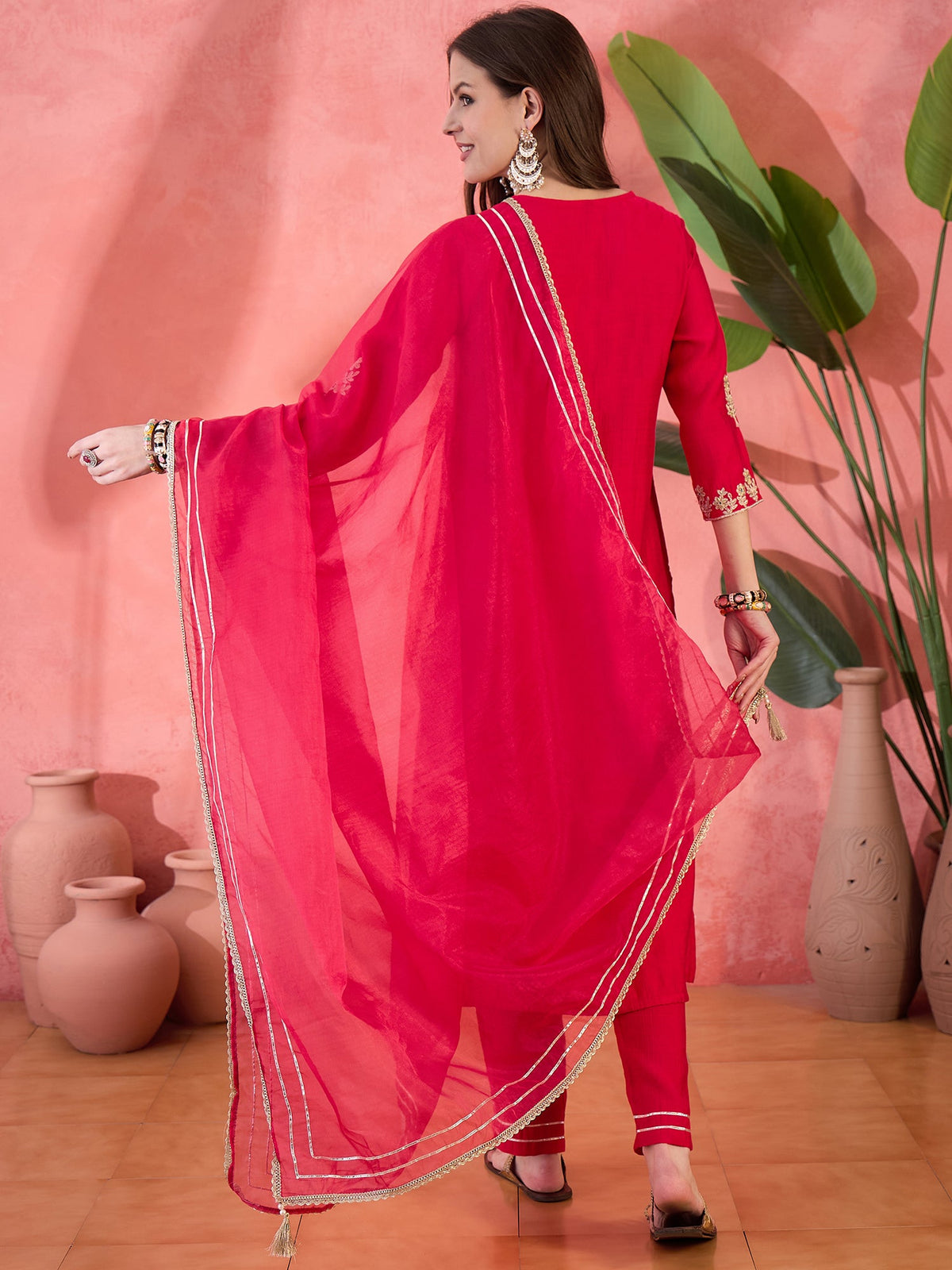 Ruby Mirage Red Zari Embroidered Floral Kurta with Trouser & Dupatta