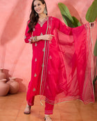 Ruby Mirage Red Zari Embroidered Floral Kurta with Trouser & Dupatta