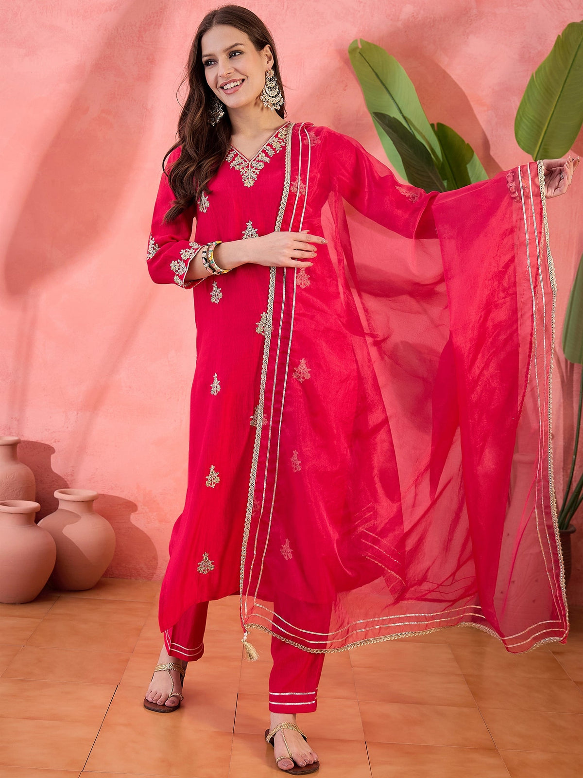 Ruby Mirage Red Zari Embroidered Floral Kurta with Trouser & Dupatta
