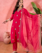 Ruby Mirage Red Zari Embroidered Floral Kurta with Trouser & Dupatta