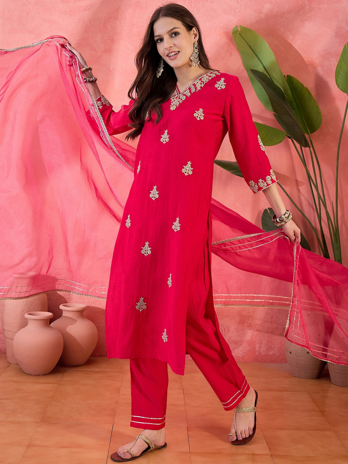 Ruby Mirage Red Zari Embroidered Floral Kurta with Trouser & Dupatta
