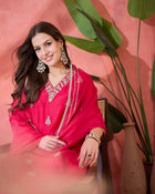 Ruby Mirage Red Zari Embroidered Floral Kurta with Trouser & Dupatta