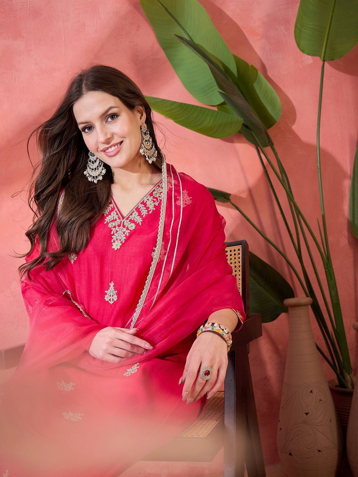 Ruby Mirage Red Zari Embroidered Floral Kurta with Trouser & Dupatta