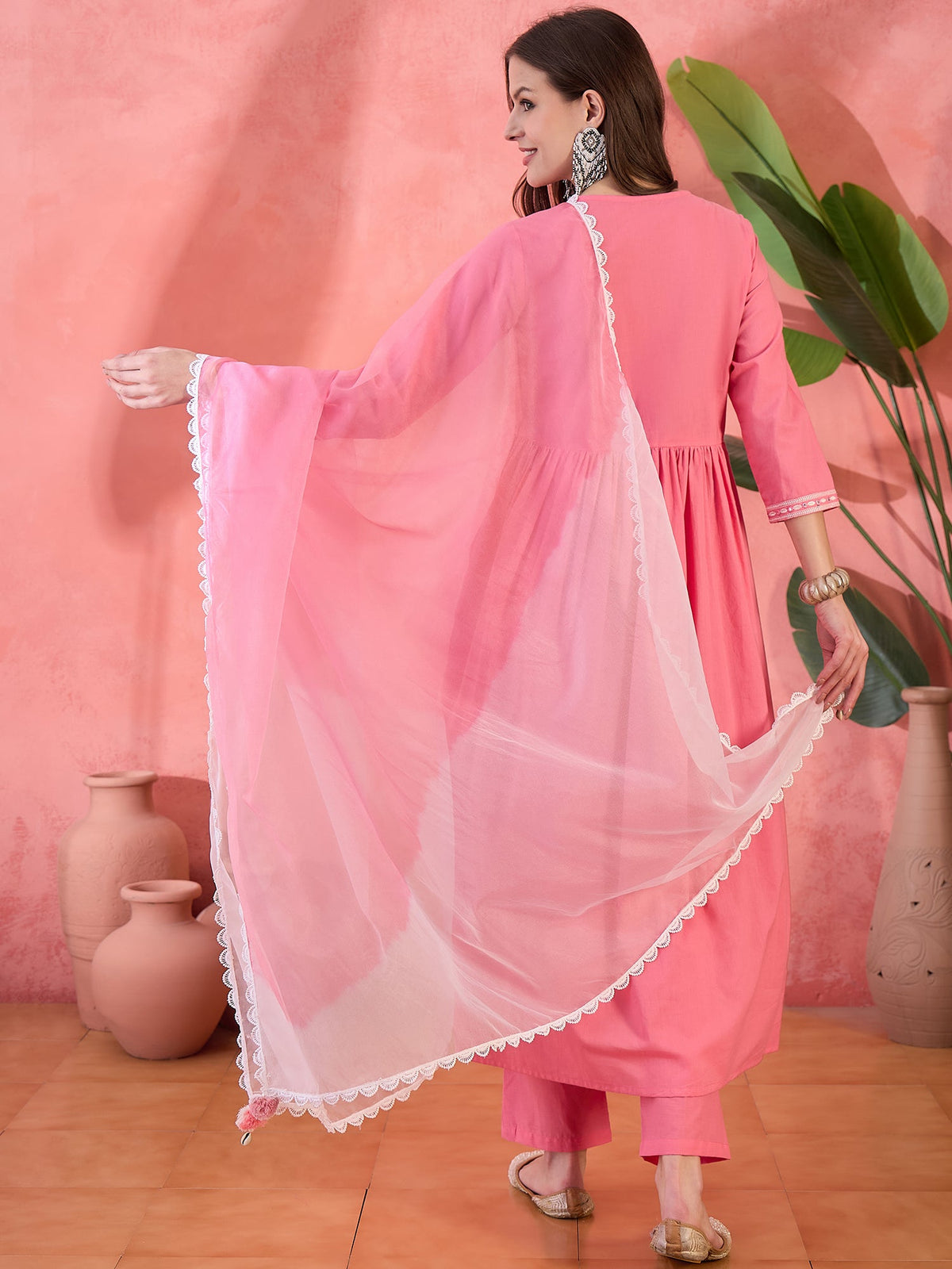 Sunpetal Glow Peach Embroidered Cotton Anarkali Kurta with Trouser & Dupatta