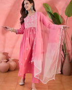 Sunpetal Glow Peach Embroidered Cotton Anarkali Kurta with Trouser & Dupatta
