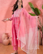 Sunpetal Glow Peach Embroidered Cotton Anarkali Kurta with Trouser & Dupatta
