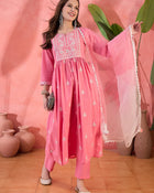 Sunpetal Glow Peach Embroidered Cotton Anarkali Kurta with Trouser & Dupatta