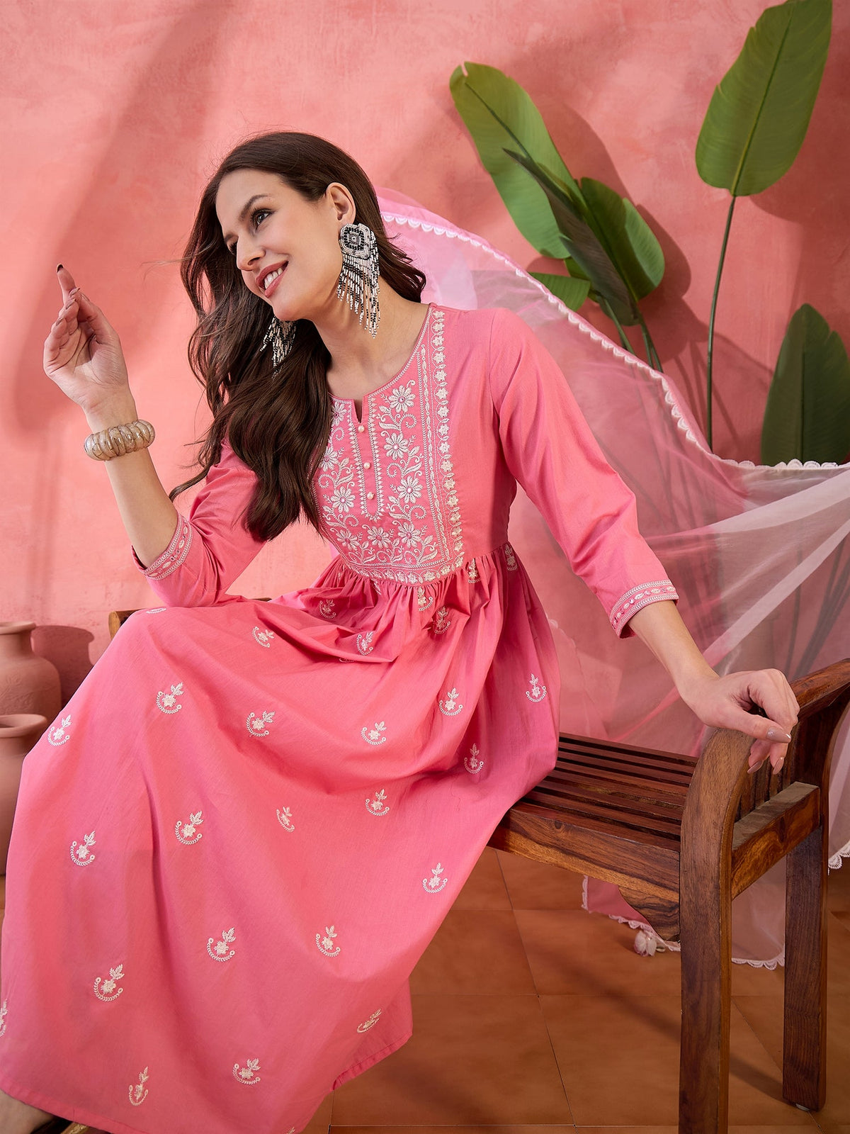 Sunpetal Glow Peach Embroidered Cotton Anarkali Kurta with Trouser & Dupatta