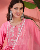 Sunpetal Glow Peach Embroidered Cotton Anarkali Kurta with Trouser & Dupatta