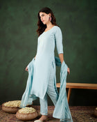 Morning Sky Blue Kurta Trouser & Dupatta Set