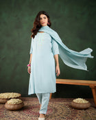 Morning Sky Blue Kurta Trouser & Dupatta Set