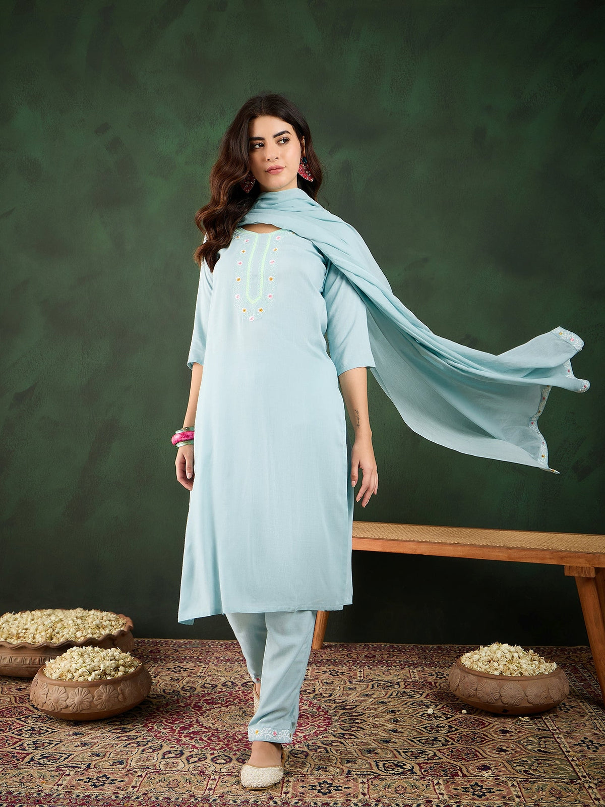 Morning Sky Blue Kurta Trouser & Dupatta Set