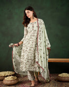Sand Petal Beige Floral Printed Cotton Kurta with Pyjama & Dupatta