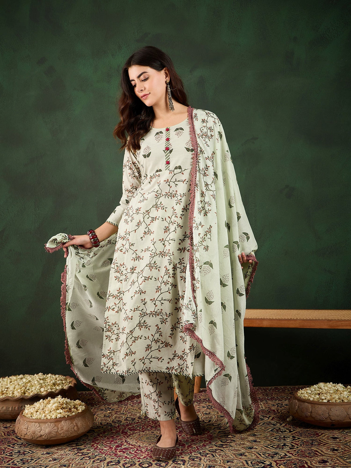 Sand Petal Beige Floral Printed Cotton Kurta with Pyjama & Dupatta