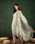 Sand Petal Beige Floral Printed Cotton Kurta with Pyjama & Dupatta