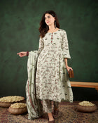 Sand Petal Beige Floral Printed Cotton Kurta with Pyjama & Dupatta