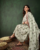 Sand Petal Beige Floral Printed Cotton Kurta with Pyjama & Dupatta
