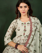 Sand Petal Beige Floral Printed Cotton Kurta with Pyjama & Dupatta