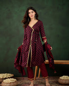 Gotta Grace Printed V-Neck Cotton A-Line Kurta & Trouser with Dupatta