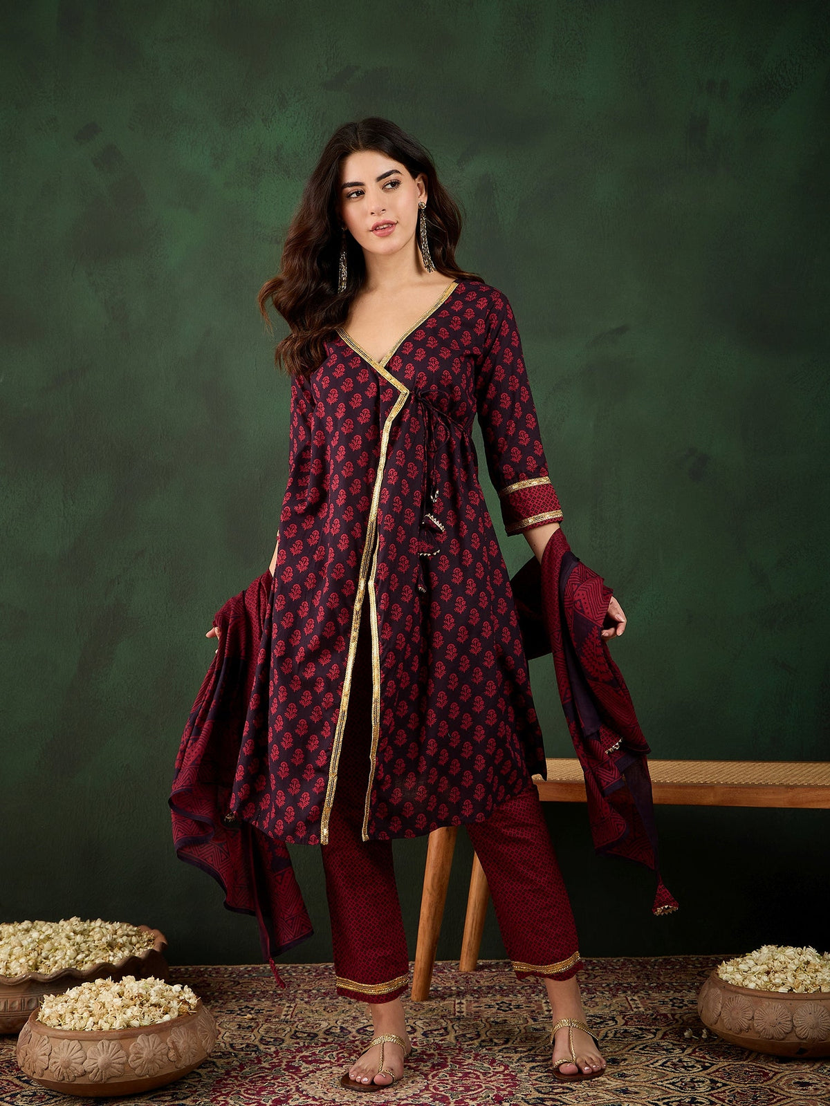 Gotta Grace Printed V-Neck Cotton A-Line Kurta & Trouser with Dupatta