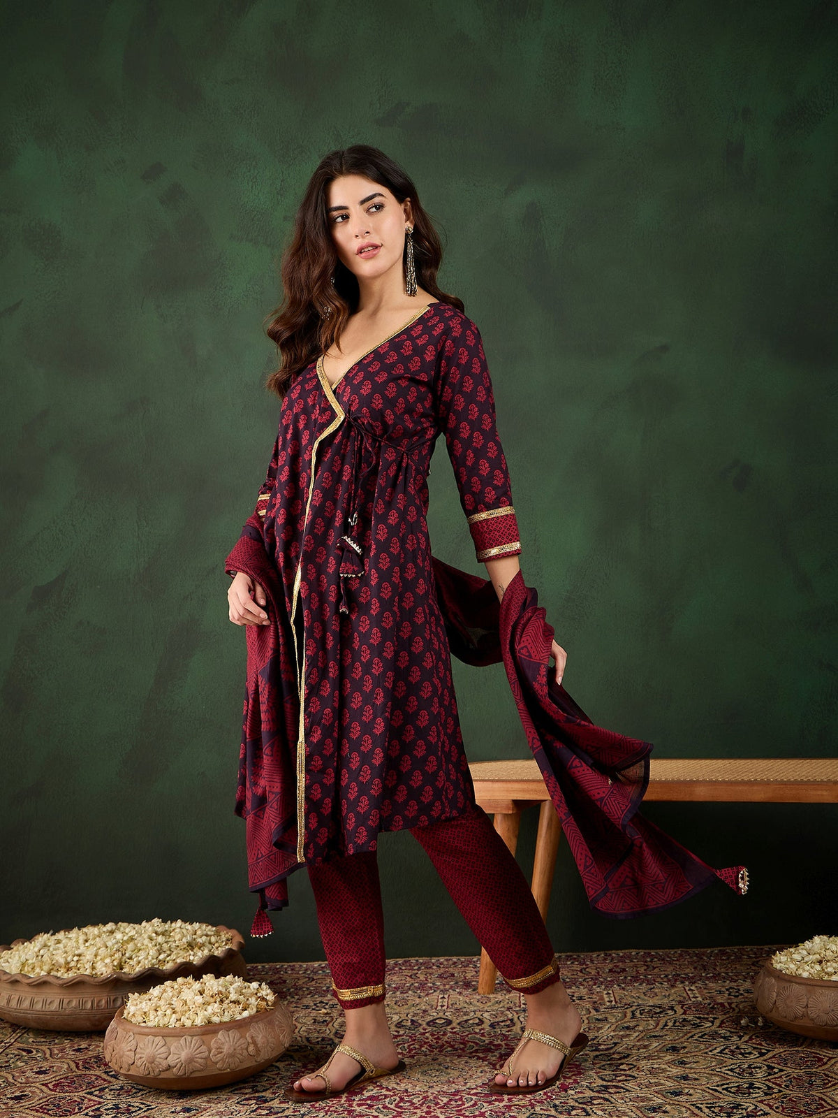 Gotta Grace Printed V-Neck Cotton A-Line Kurta & Trouser with Dupatta