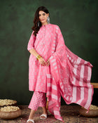Blush Bloom Pink Floral Printed Cotton Kurta with Trousers & Dupatta