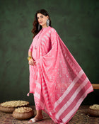 Blush Bloom Pink Floral Printed Cotton Kurta with Trousers & Dupatta