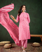 Blush Bloom Pink Floral Printed Cotton Kurta with Trousers & Dupatta