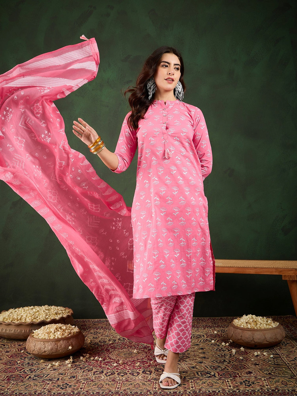 Blush Bloom Pink Floral Printed Cotton Kurta with Trousers & Dupatta