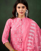 Blush Bloom Pink Floral Printed Cotton Kurta with Trousers & Dupatta