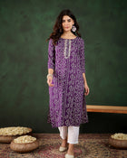 Lavender Bandhani Printed Kantha Embroidered Kurta