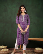 Lavender Bandhani Printed Kantha Embroidered Kurta