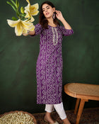 Lavender Bandhani Printed Kantha Embroidered Kurta