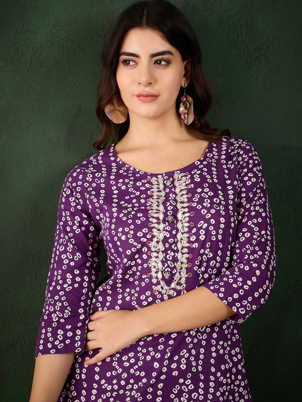 Lavender Bandhani Printed Kantha Embroidered Kurta