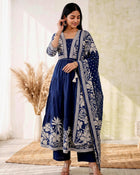 Midnight Bloom – Navy Blue Printed Anarkali Kurta Pant with Dupatta Set