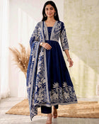 Midnight Bloom – Navy Blue Printed Anarkali Kurta Pant with Dupatta Set
