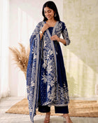 Midnight Bloom – Navy Blue Printed Anarkali Kurta Pant with Dupatta Set