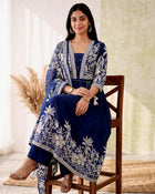 Midnight Bloom – Navy Blue Printed Anarkali Kurta Pant with Dupatta Set