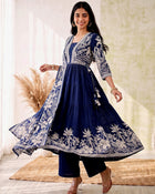 Midnight Bloom – Navy Blue Printed Anarkali Kurta Pant with Dupatta Set